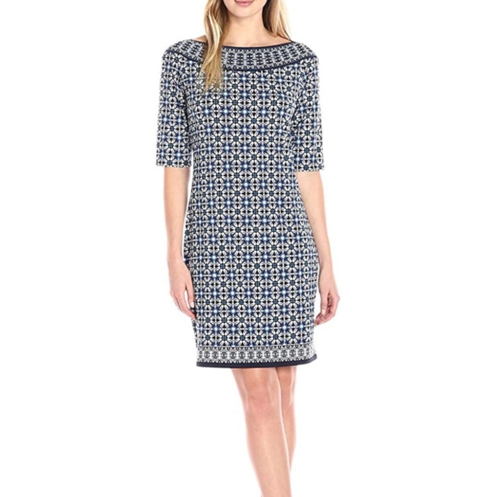 Lark & Ro Women's Half Sleeve Shift Dress - blue and white - size Medium
